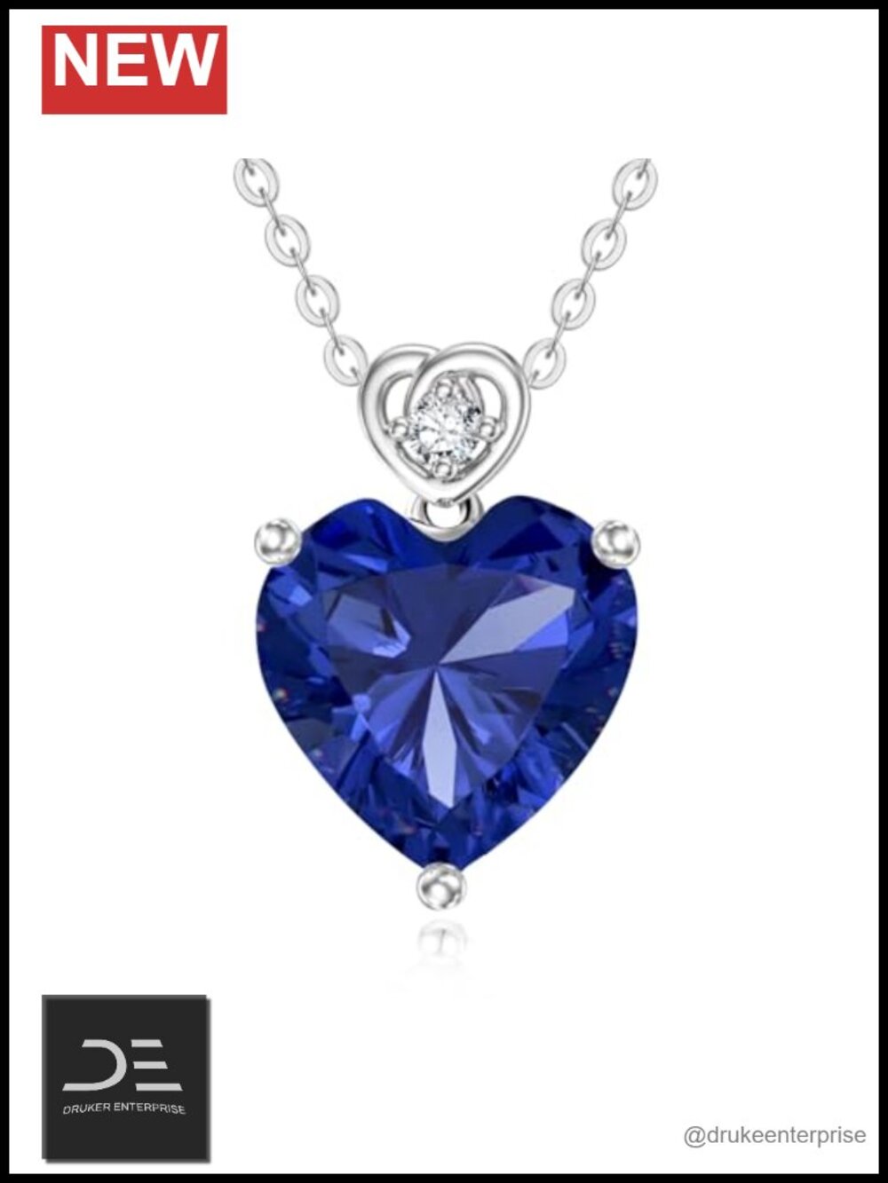 14k White Gold Heart Birthstone Necklace 3ct Created Sapphire Pendant 18in